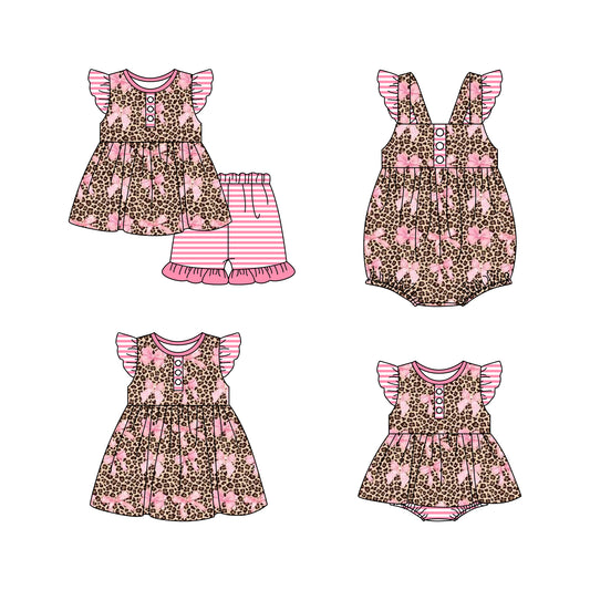11.21 custom each style moq 5eta 4-6week Sibling Sister bow leopard baby girl short sleeve shorts sets and girls romper and boy romper and dress match design