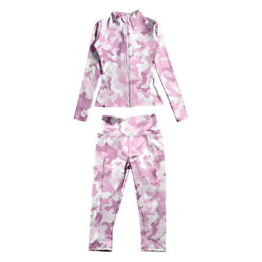 7.3 custom each style moq 5eta 4-6week baby girls clothes leopard pink Yoga Suit Zipper Long Sleeve Pants Set