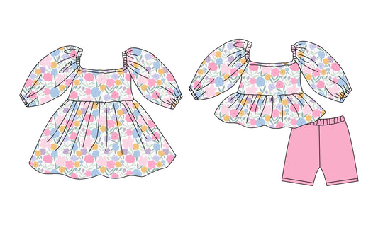 25.12.8 custom each style moq 5 eta 6-8week Sibling Siste floral pink baby short sleeve shorts sets and dress match design