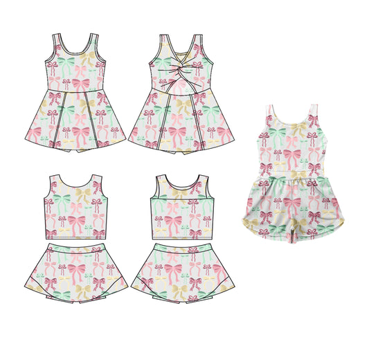 3.19 custom each style moq 5eta 4-6week Sibling Sister bow baby girls clothes Short sleeve yoga dress 1 and dress 2 and jumpsuit match family design