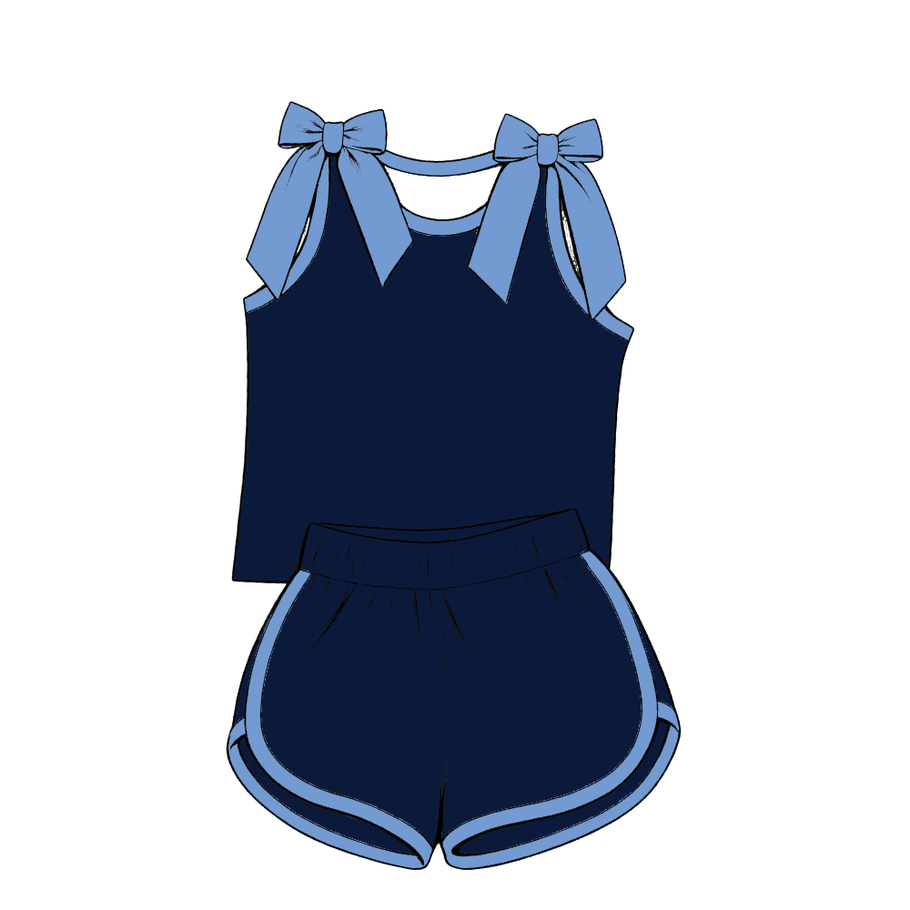 custom moq 5 mix size Baby Girls Light Blue Bow Sleeveless Top Shorts Summer Casual Clothes Set