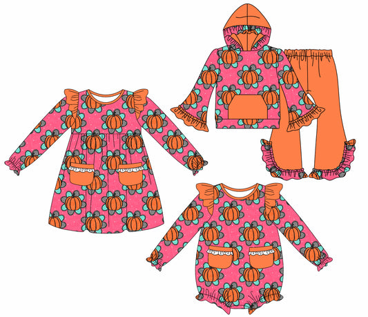 25.7.22 custom each style moq 5eta 4-6week Sibling Sisters pumpkin baby girl long sleeve pants sets and dress and rompers match family design