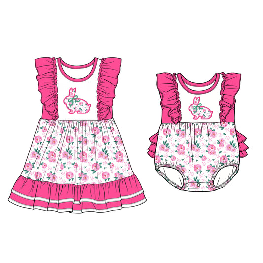 25.12.10 custom each style moq 5 eta 6-8week Sibling Sister bunny bow floral baby short sleeve romper and dress match design