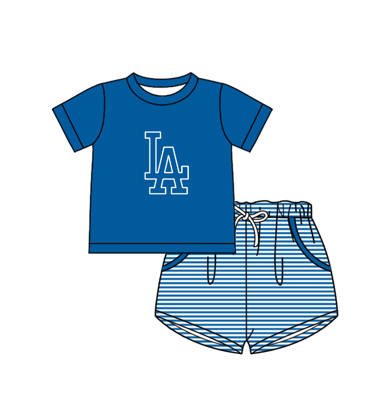 Custom moq 5 mix size milk silk summer teams Baby Boys And Girls Blue Short-Sleeved Shirt And Shorts Set Matching Striped Rompers Outfit Set
