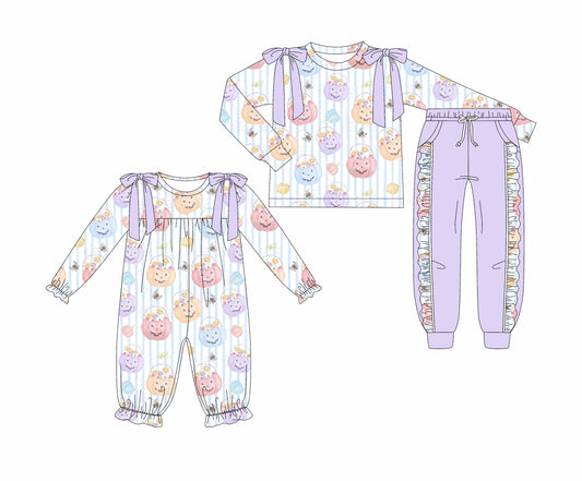 25.7.1 custom each style moq 5eta 4-6week Sibling Sisters pumpkin smiley baby girl long sleeve pants sets and rompers match family design