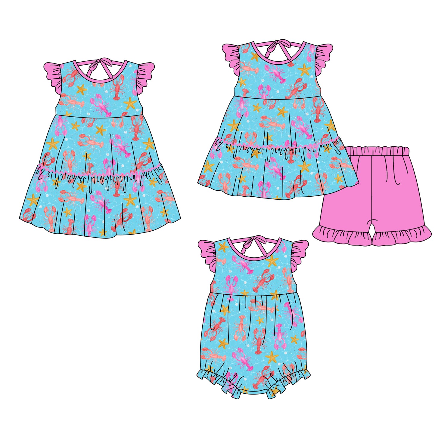 3.23 Custom moq 5 mix size Sibling Baby Girl's Blue Flutter Sleeve Tunic Shorts Set Cute Romper Dress for Summer