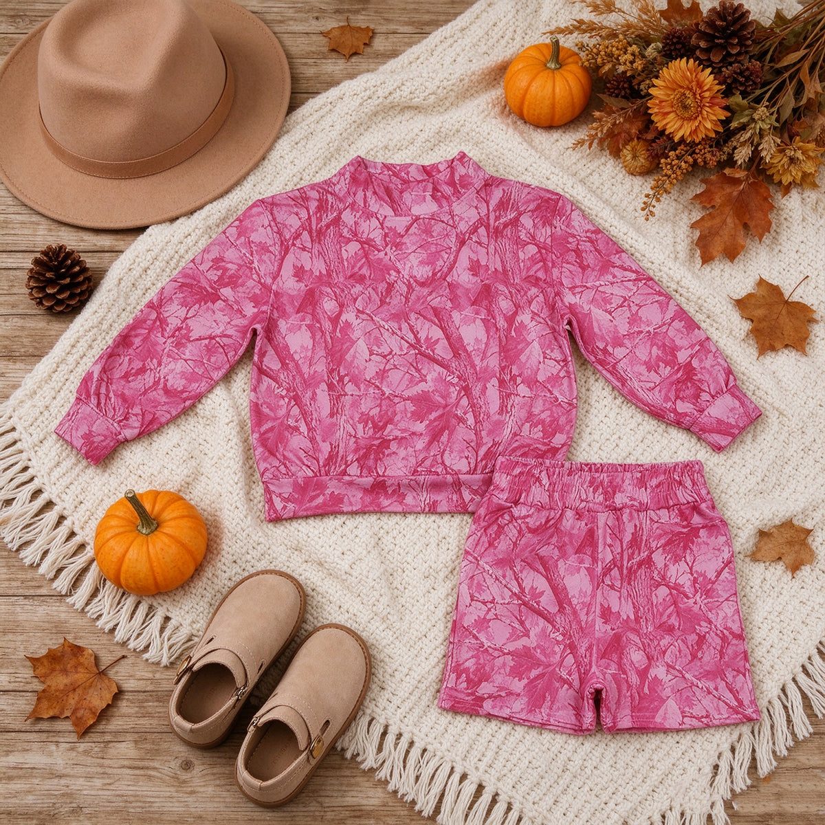 NEW RTS NO MOQ milk silk GLS0196（GT1823+SS0993）Baby Girls Pink Leaf Camo Print Crew Neck Long Sleeve Top With Pockets Casual Shorts Summer Daily Set
