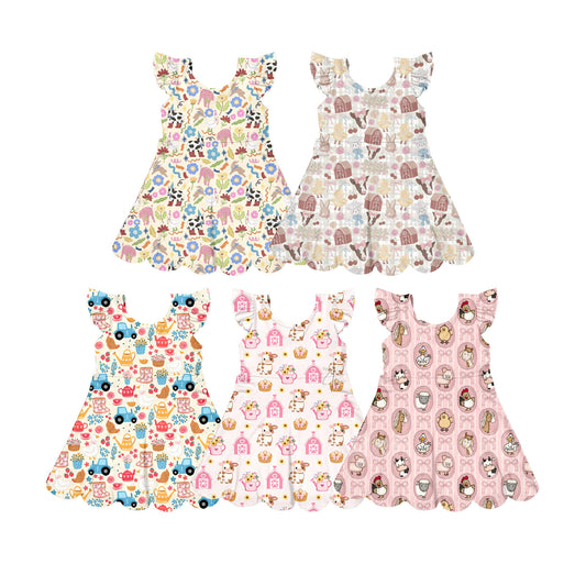 Custom moq 5 mix size Sibling Baby Girls Print Flying sleeves Knee-Length Yoga Dress