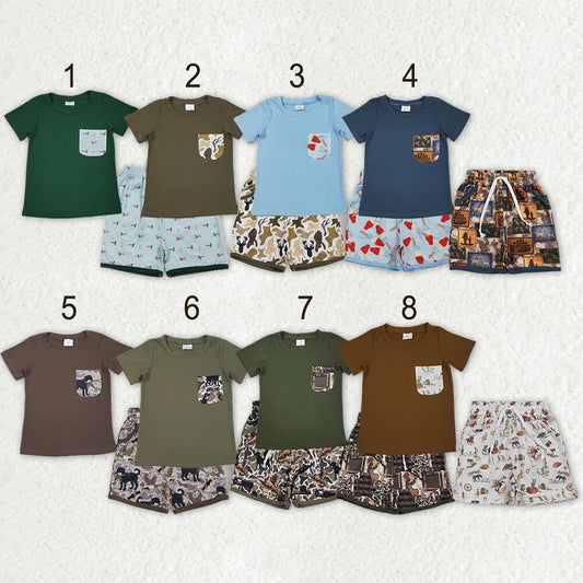 RTS NO MOQ Sibling Baby Boys Short Sleeve Shirt Top with Pockets And Shorts Clothing Set