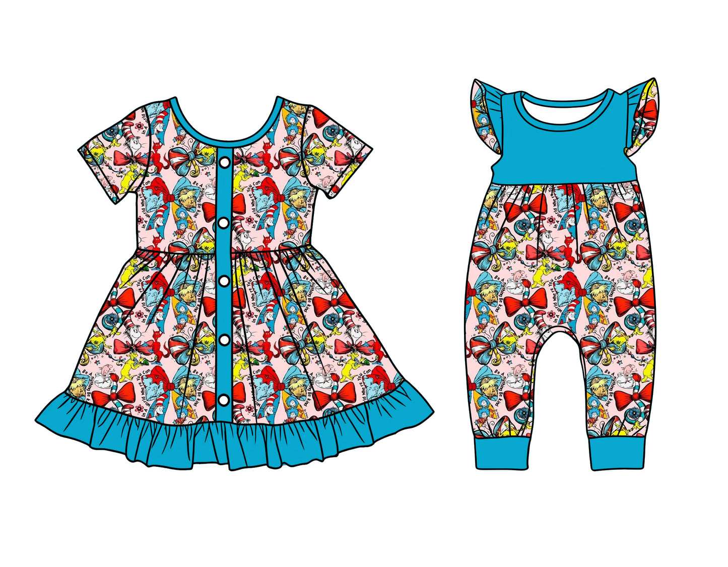 25.12.29 custom each style moq 5 eta 6-8week Sibling Sister dr seuss bow baby short sleeve romper and dress match design