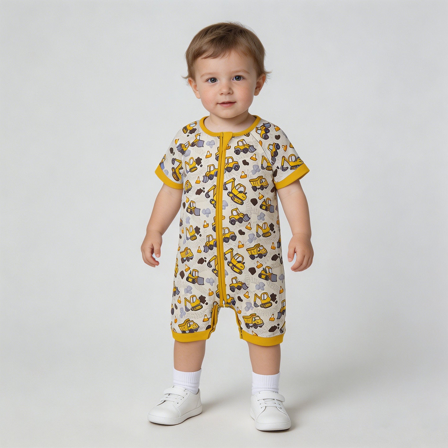 RTS NO MOQ milk silk SR4183 Baby Boys Excavator And Tractor Print Short Sleeve Zipper Romper
