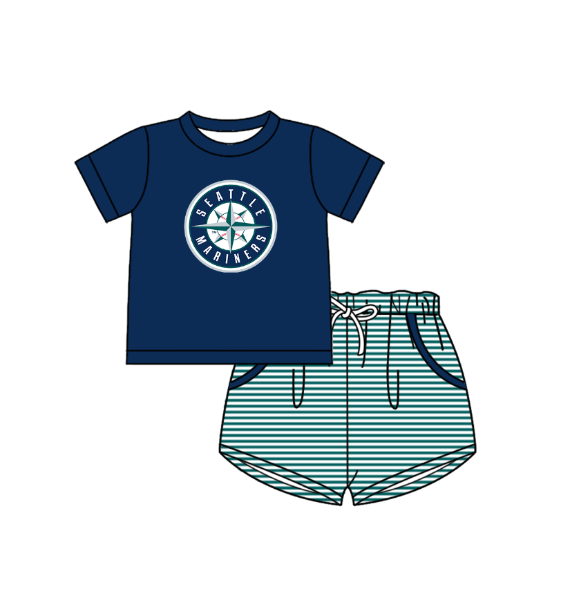 Custom moq 5 mix size milk silk summer teams Baby Boys And Girls Navy Blue Short-Sleeved Shirt And Checked Shorts Set Matching Striped Rompers Outfit Set