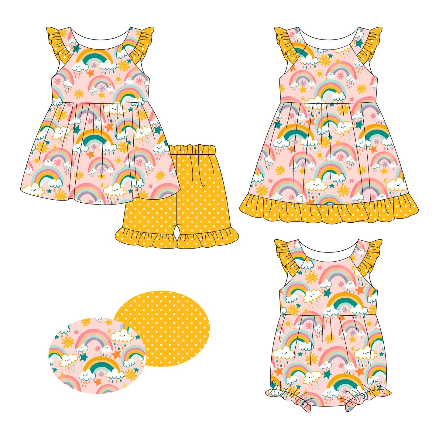 26.1.8 custom each style moq 5 eta 6-8week Sibling Sister rainbow floral baby short sleeve shorts sets and romper and dress match design