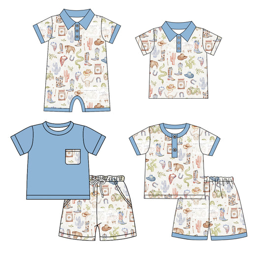 4.22 custom each style moq 5eta 4-6week Sibling Sister horse catcus boots baby boy sets 1 and sets 2 and boy rompers and top match family design