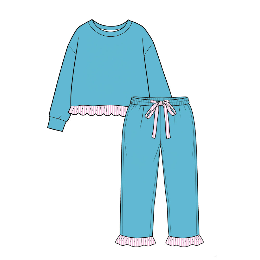 custom moq 5 mix size Baby Girls Turquoise Pink Striped Ruffle Trim Long Sleeve Top And Drawstring Striped Ruffle Pants Set