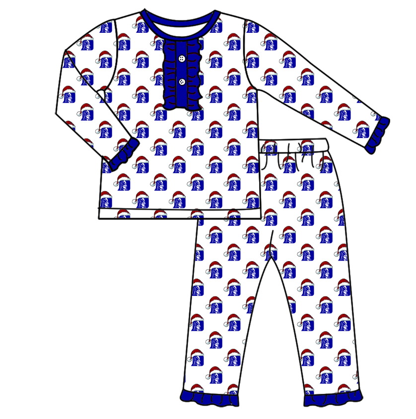 custom moq 5 tat about 4-6 weeks  Blue and White Santa Hat Team Long Sleeve Girls Pajama Set