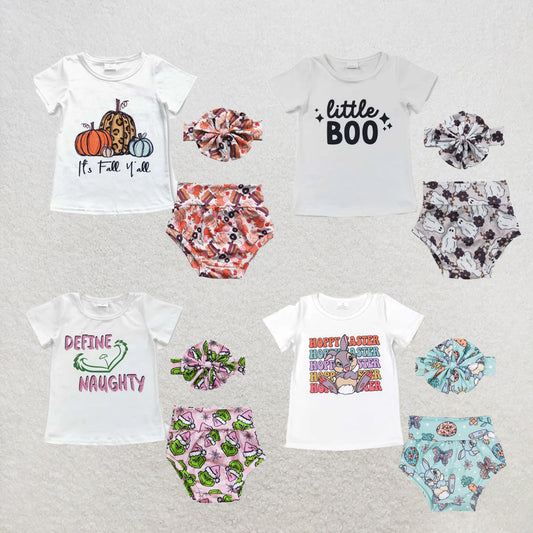 RTS NO MOQ Sibling Baby Girls  Fall Pumpkin Tee Shirt Thanksgiving Bummie Sets