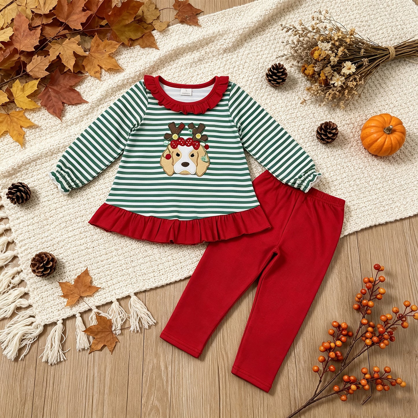 NEW RTS NO MOQ milk silk GLP3494 Embroidery Girls Green Stripe Light Dog Print Tunic Matching Legging Pant Christmas Clothes Set