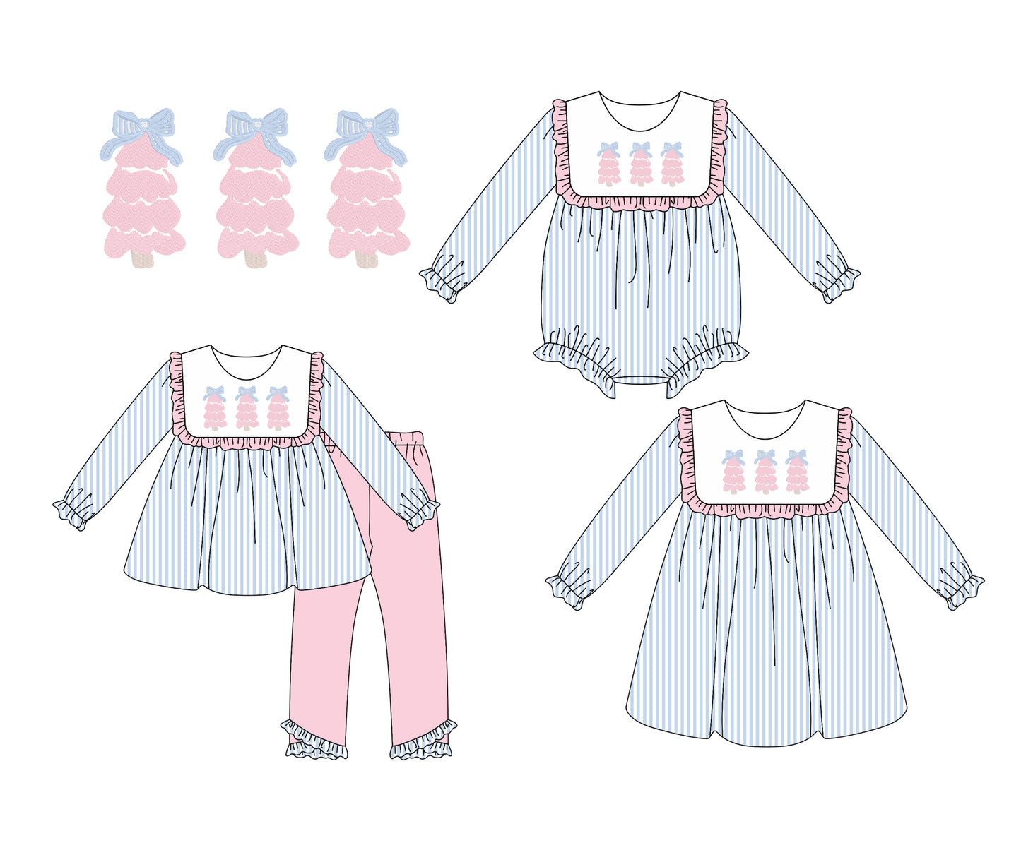 25.6.11 custom each style moq 5eta 4-6week Sibling Sisters Christmas trees bow baby girl long sleeve pants sets and dress and rompers match family design