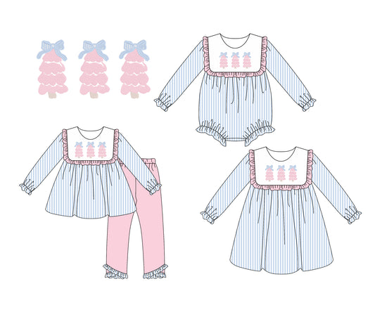 25.6.11 custom each style moq 5eta 4-6week Sibling Sisters Christmas trees bow baby girl long sleeve pants sets and dress and rompers match family design