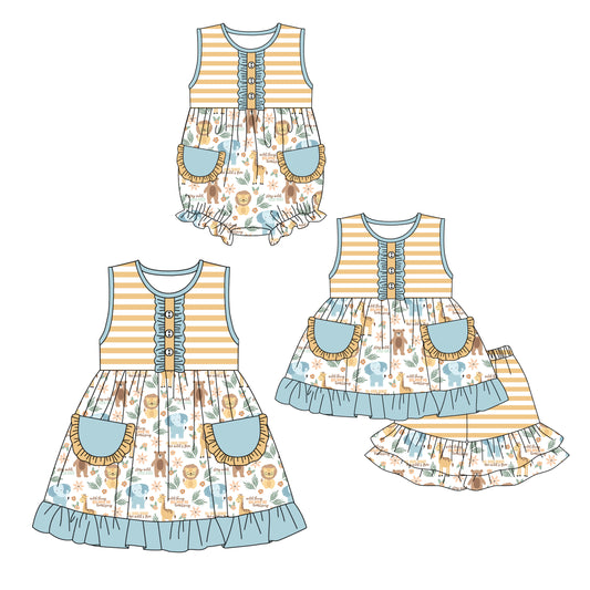 12.16 custom each style moq 5eta 4-6week Sibling Sister animal baby girl short sleeve shorts sets and dress and rompers match family design