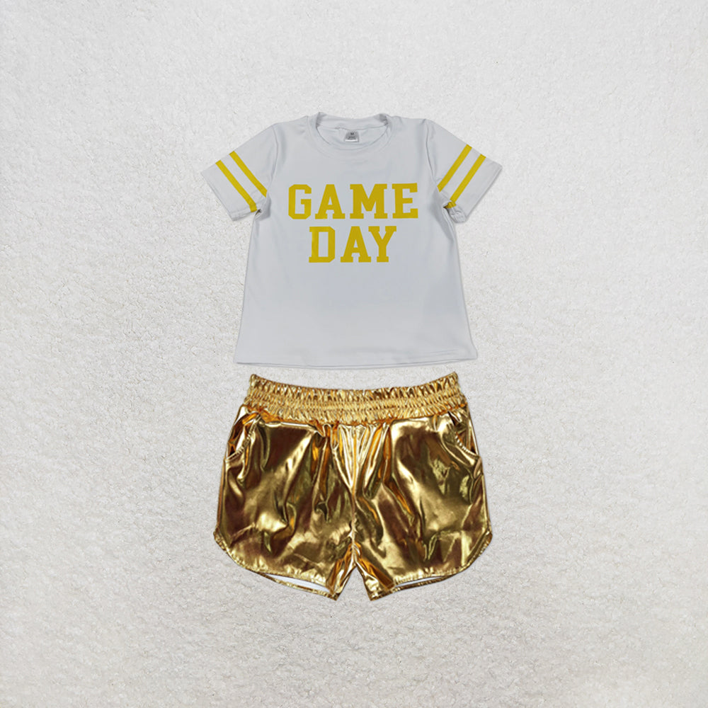 RTS NO MOQ Sibling yoga fabric Baby Girls Yellow Vinyl Game Day Print Top Shorts Two Piece Team Active Clothes Set