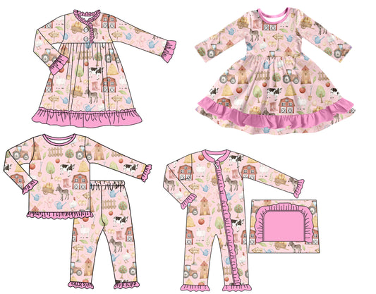 25.7.12 custom each style moq 5 eta 4-6week Sibling Sisters animal farm baby girl long sleeve pants sets and romper and dress 1 and dress 2 match family design