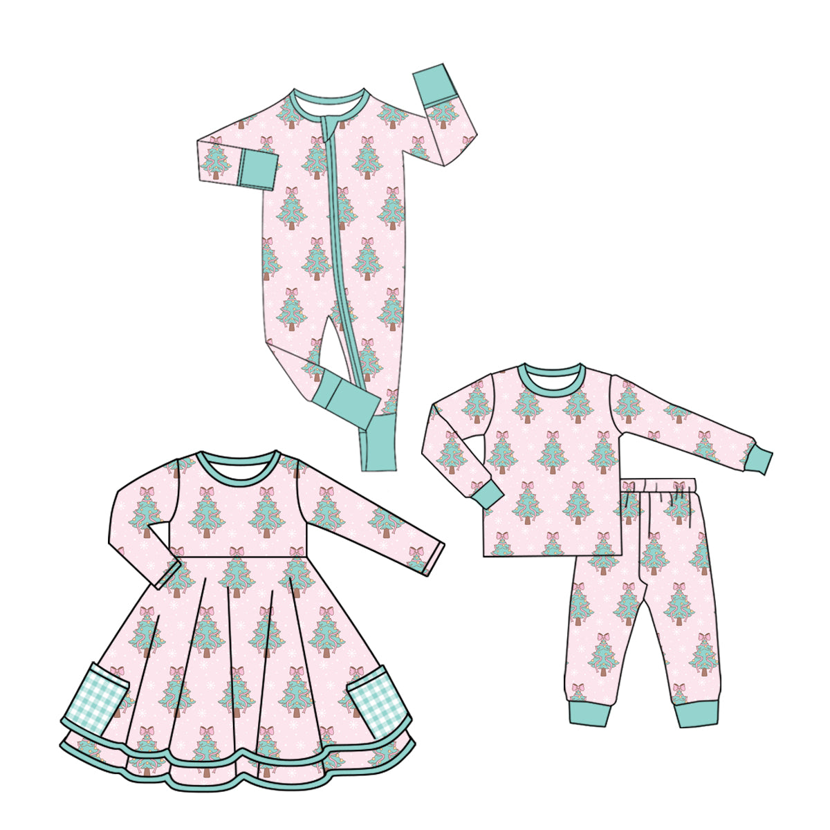25.7.8 custom each style moq 5eta 4-6week Sibling Sisters Christmas trees bow baby girl long sleeve pants sets and dress and rompers match family design