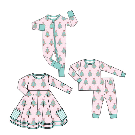 25.7.8 custom each style moq 5eta 4-6week Sibling Sisters Christmas trees bow baby girl long sleeve pants sets and dress and rompers match family design