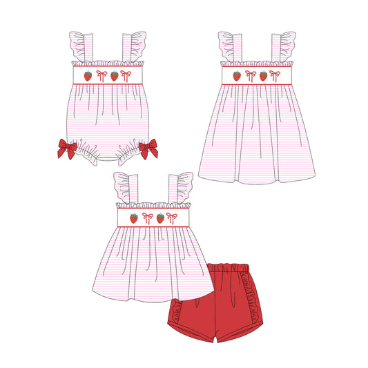 25.12.30 custom each style moq 5 eta 6-8week Sibling Sister strawberry bow baby short sleeve shorts sets and romper and dress match design