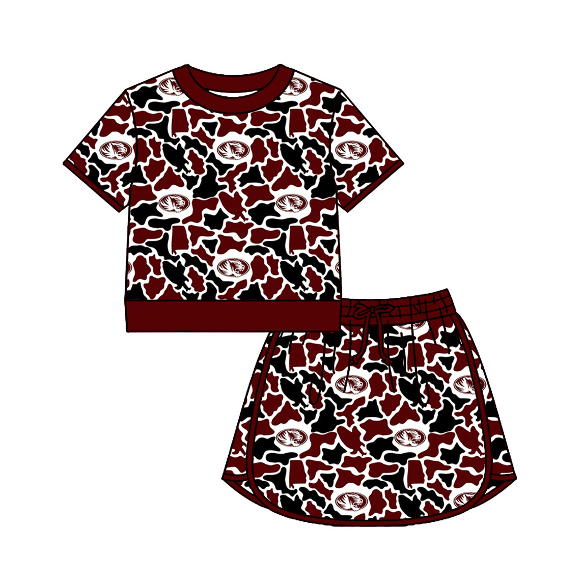 Custom moq 5 mix size summer teams Baby Girls Short Sleeved Camouflage Top And Skirt Set