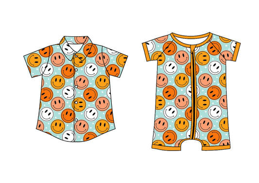 25.10.29 custom each style moq 5 eta 6-8 week Sibling Sister smiley baby boy short sleeve top and rompers match family design