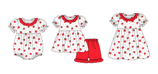 25.10.27 custom each style moq 5 eta 6-8week Sibling Sister strawberry baby short sleeve shorts sets and romper and dress match design