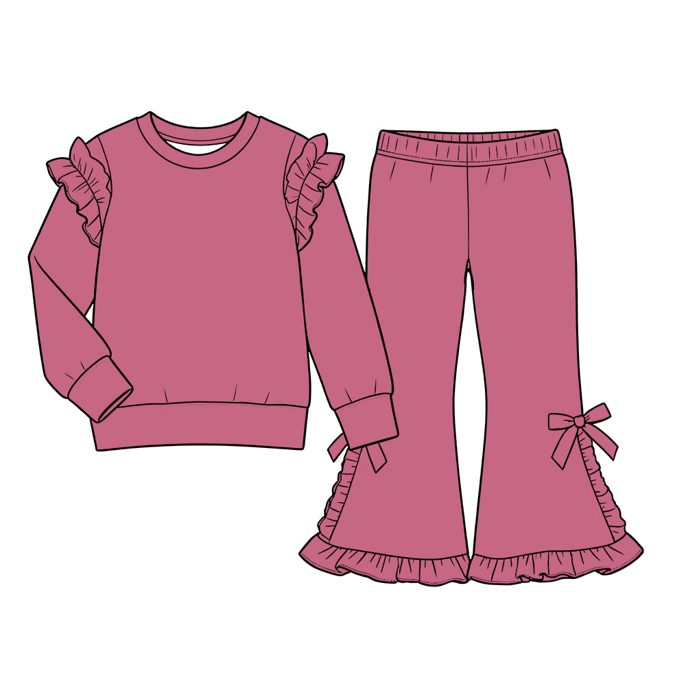 Custom moq 5  cotton fabric girls ruffle sets  solid color blank Rose-pink lace-trimmed long-sleeve sweatshirt and side-bow slight-flare pants set