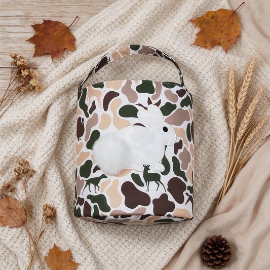 NEW RTS NO MOQ Bag BA0466 Embroidery Rabbits Baby Kids Khaki Brown Camo Easter Gift Bucket Baskets Bags