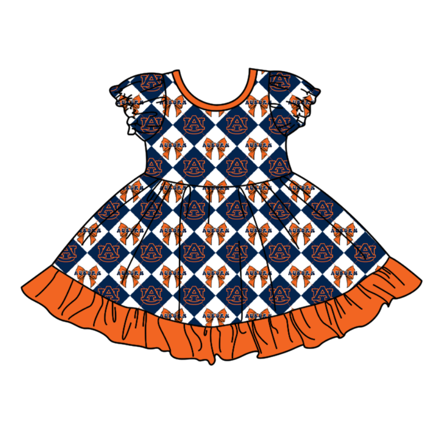 Custom moq 5 mix size Baby Girl's Navy blue Plaid Short-Sleeved Team Dress Cute And Stylish Outfit for Little Ones