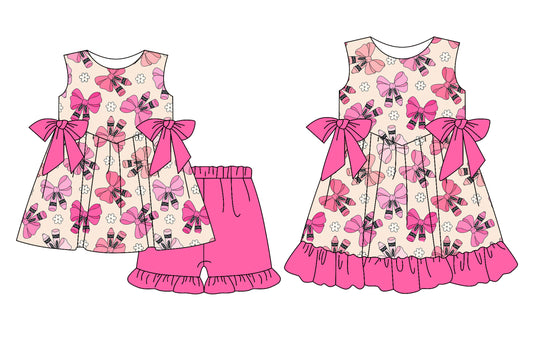 2.17 custom each style moq 5eta 4-6week Sibling Sister pencil bow baby girl short sleeve shorts sets and dresses match design