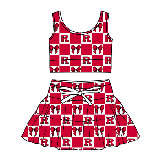 Custom moq 3 or 5 mix size milk silk summer teams baby girl clothes bow red sleeveless skirts sets-26.1.23