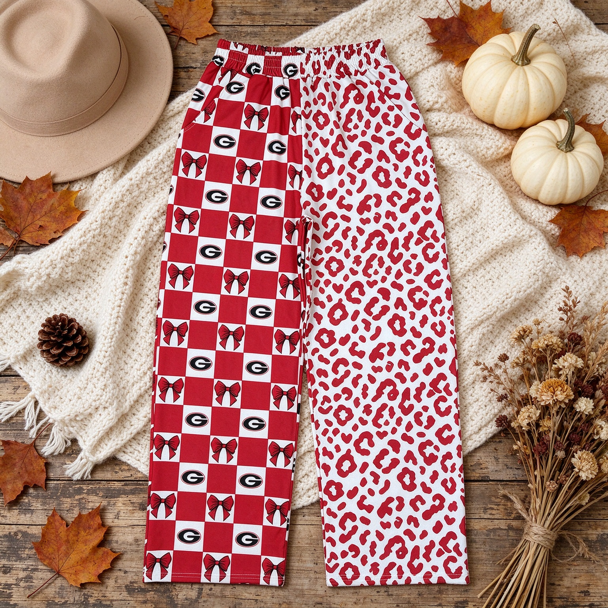 NEW RTS NO MOQ milk silk P1118 Adult Women Team Red Checker Bow And Leopard Print Wide Leg Pants