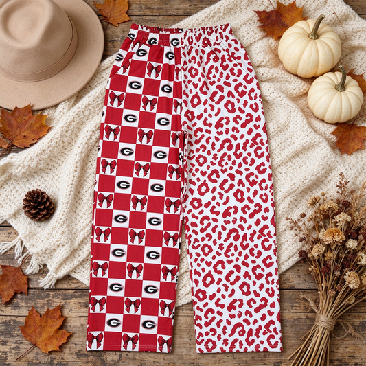 NEW RTS NO MOQ milk silk P1118 Adult Women Team Red Checker Bow And Leopard Print Wide Leg Pants