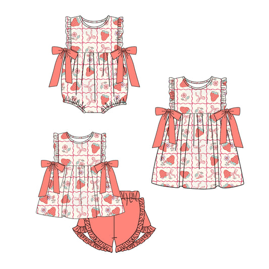11.23 custom each style moq 5eta 4-6week Sibling Sister bow strawberry baby girl short sleeve shorts sets and dress and rompers match family design