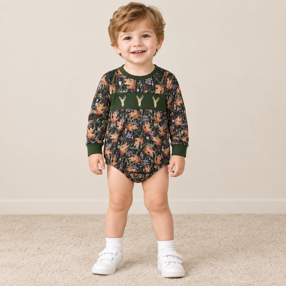 NEW RTS NO MOQ milk silk LR2729 Embroidery Baby Boys Green Leaf Camo Print Long Sleeve Romper