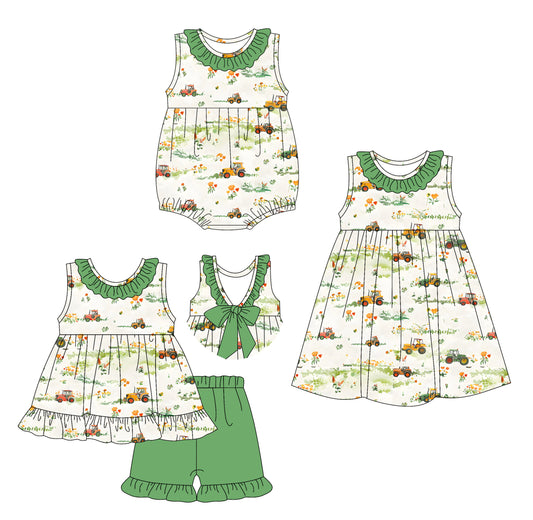 4.12 custom each style moq 5eta 4-6week Sibling Sisters floral baby girl short sleeve shorts sets and dress and rompers match family design