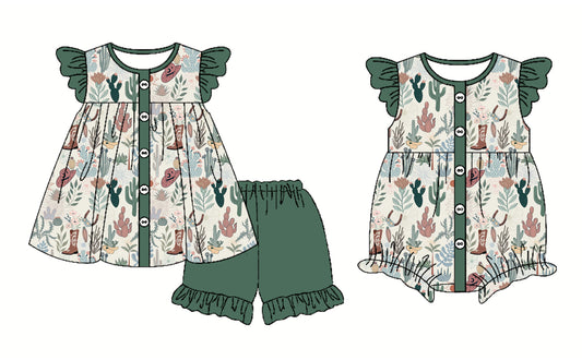 2.26 custom each style moq 5eta 4-6week Sibling Sister catcus baby girl short sleeve shorts sets and romper match design