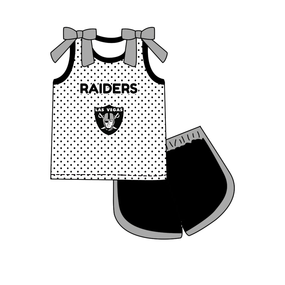 Custom moq 5 mix size summer teams Girls Black Polka Dot Top Shorts Set Bows Print Top Skirt Set Zipper Pullover Pants Set