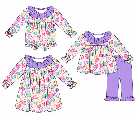 11.3 custom each style moq 5eta 4-6week Sibling Sister love purple baby girl sets and dress and rompers match family design