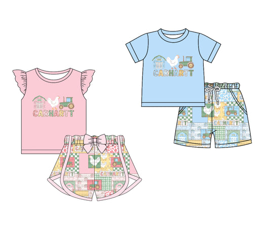 25.10.31 custom each style moq 5 eta 6-8week Sibling Sisters CARHARTT baby girl clothes short sleeve shorts sets 2 match family design