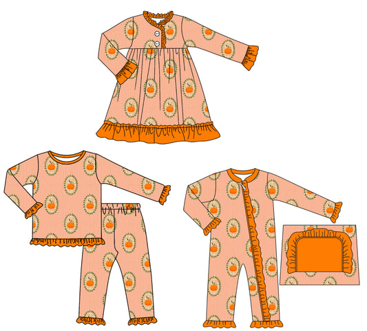 25.75 custom each style moq 5eta 4-6week Sibling Sisters pumpkin baby girl long sleeve pants sets and dress and rompers match family design