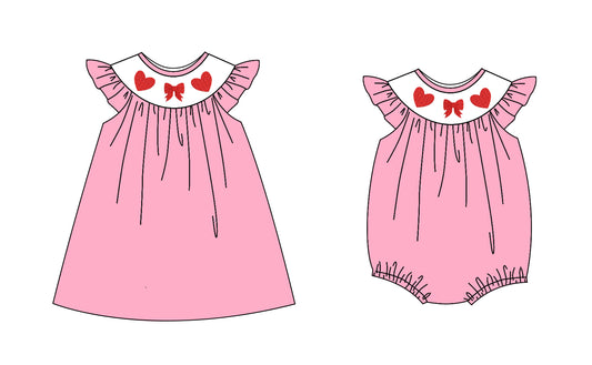 25.10.22 custom each style moq 5 eta 6-8week Sibling Sister bow love baby short sleeve romper and dress match design