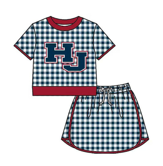 Custom moq 5 mix size milk silk summer teams Baby Girls Green Plaid Short Sleeve Top Skirt Two Piece Set